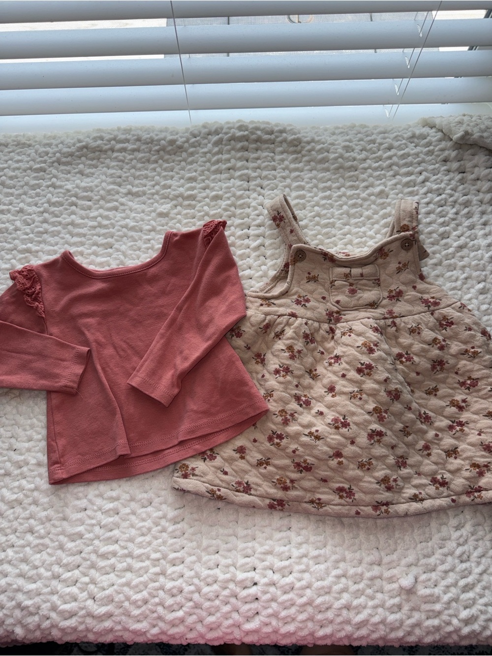 Girls' Pink Long-Sleeve Top and Cream Floral Pinafore Dress Set